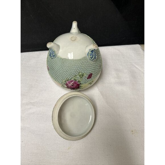 Antique Nippon Cabbage Rose Floral Lidded Footed Biscuit Jar Hand Painted - Picture 7 of 7